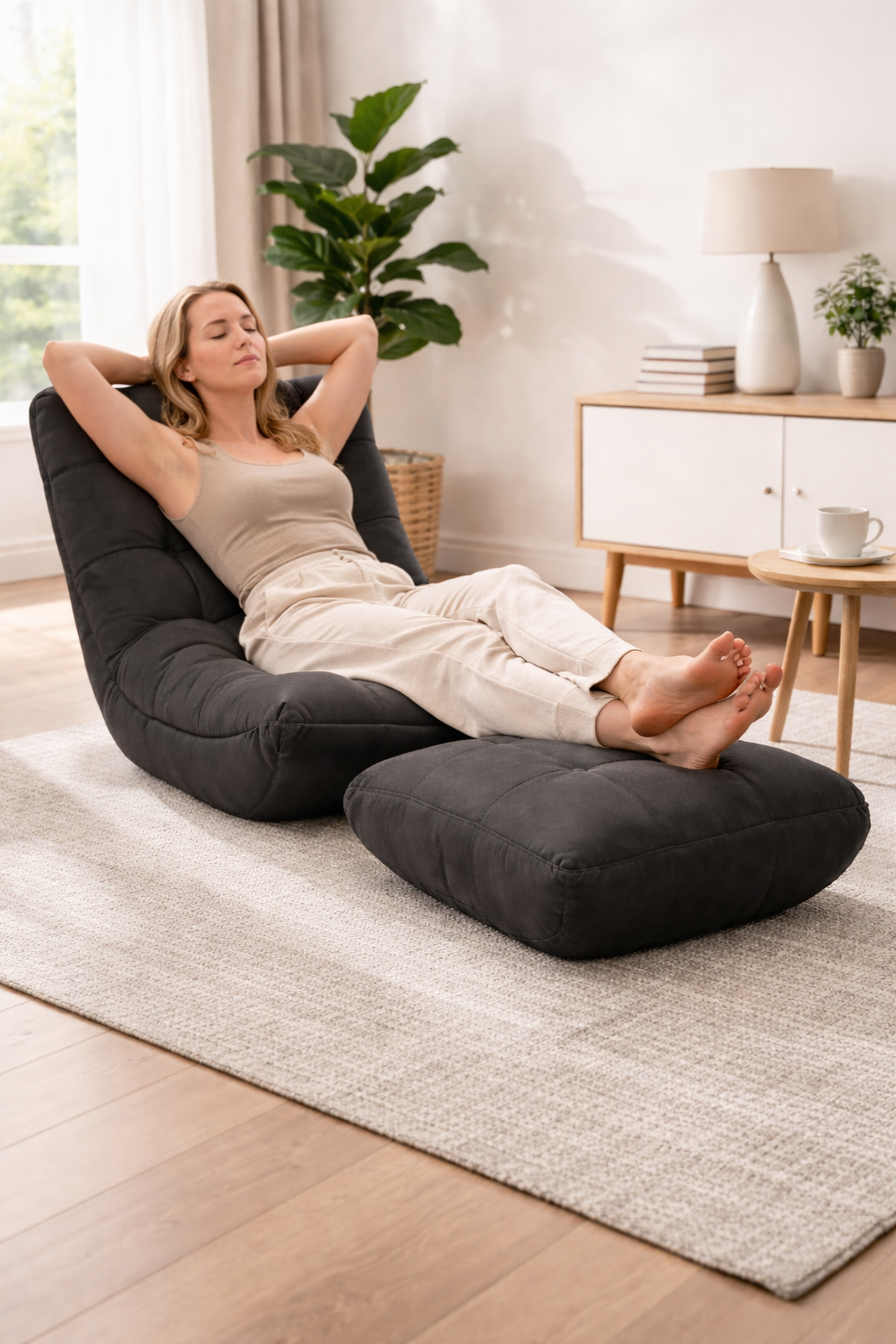 Pouf chaise avec repose-pieds intérieur – Fauteuil de sol textile MyPouf