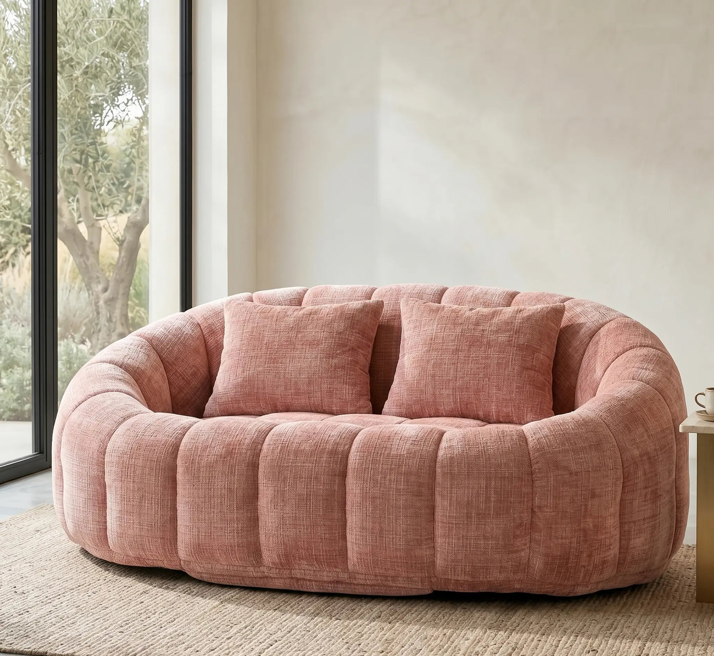 Canapé pouf arrondi haut de gamme couleur rose terracotta en tissu chenille texturé, disposé sur un tapis en jonc de mer dans un salon lumineux avec vue sur jardin.