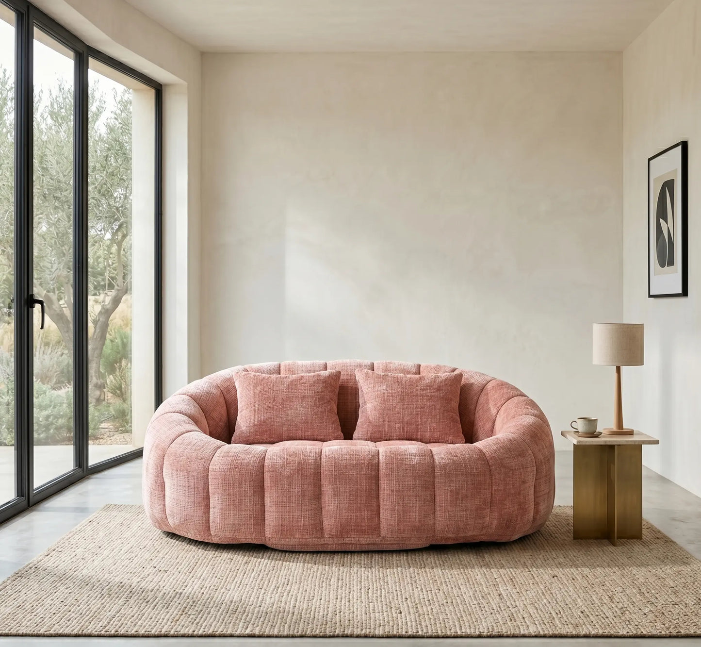 Aménagement d'un grand salon moderne et lumineux avec canapé pouf panoramique arrondi rose terracotta, tapis en jonc de mer et vue sur jardin épuré.